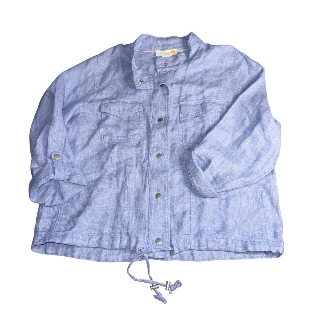 C&C California Linen Utility Jacket XL Blue Snap Front Roll Tab Sleeve